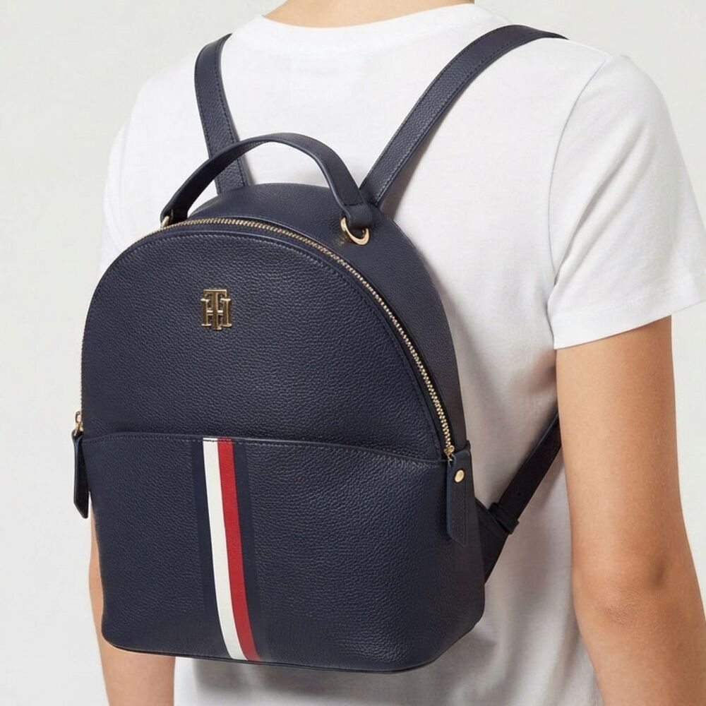 Tommy Hilfiger Navy Blue Signature Stripe Faux Leather Mini Backpack Purse